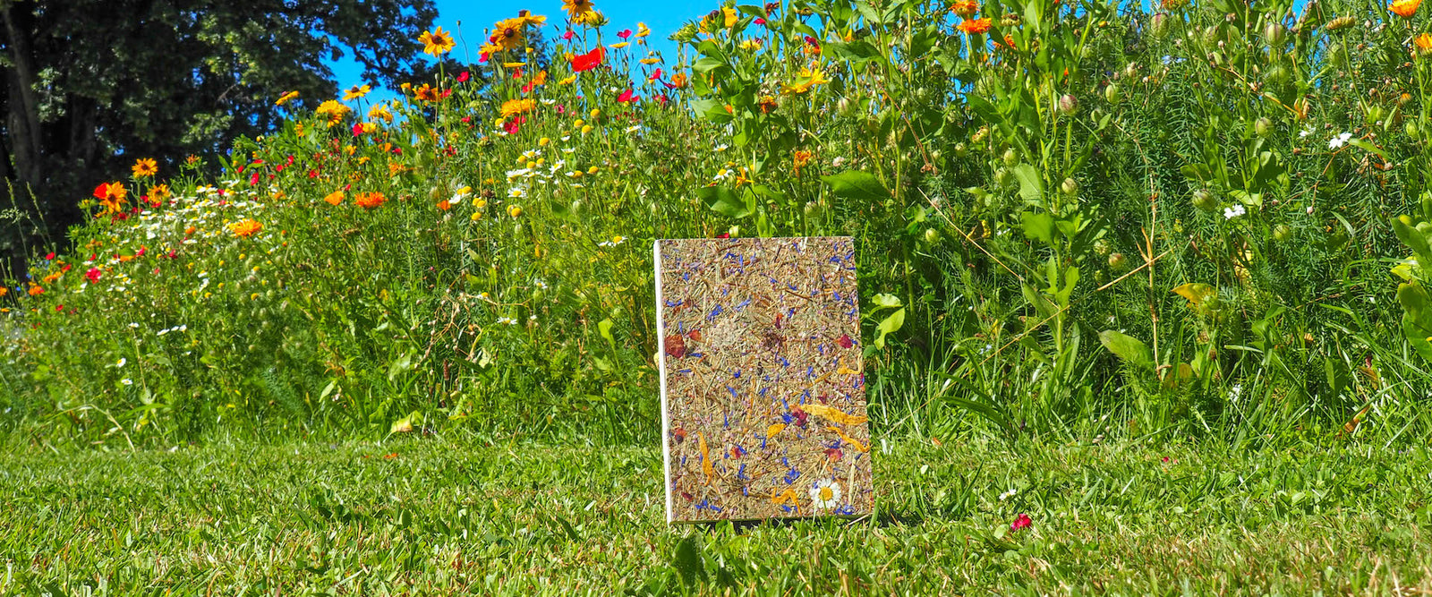 Fertiges handgebundenes Notizbuch im Schlosspark Oberdiessbach